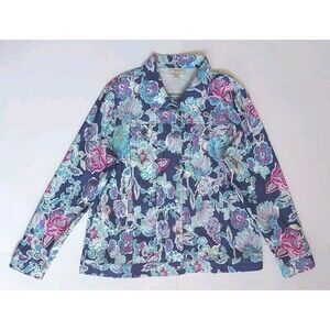 Ladies Appleseed's Blue Floral Long Sleeve Button Up Jacket W/Pockets Size PL